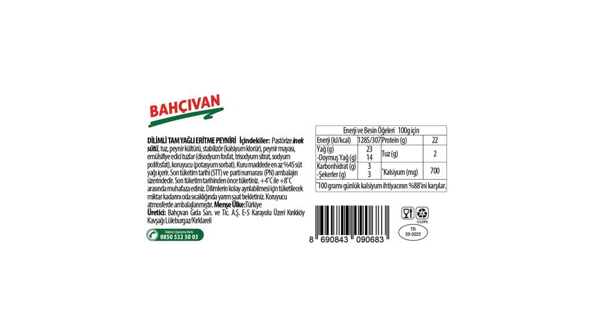 Bahçıvan Dilimli Tost Peyniri 225 g