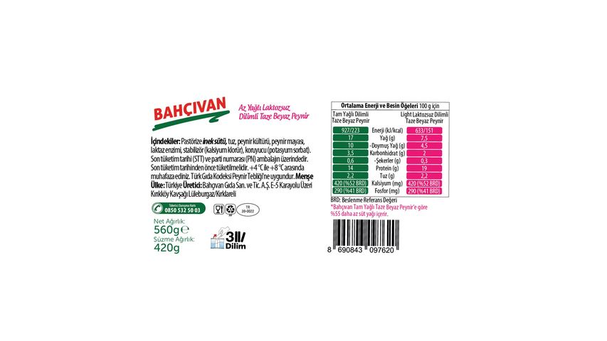 Bahçıvan Light Laktozsuz Dilimli Beyaz Peynir 420 g
