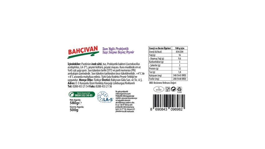 Bahçıvan Probiyotik Süzme Peynir 500 g