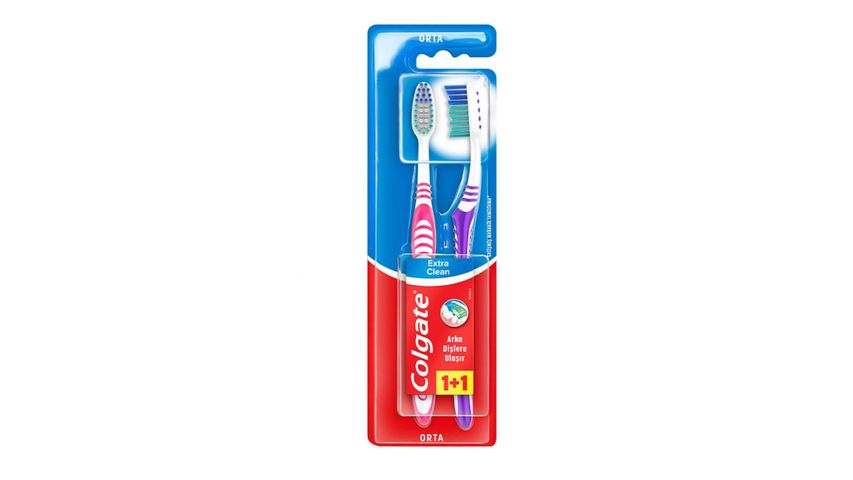 Colgate Extra Clean Medium Toothbrush with Tongue Cleaner that Extends to the Back Teeth 1+1