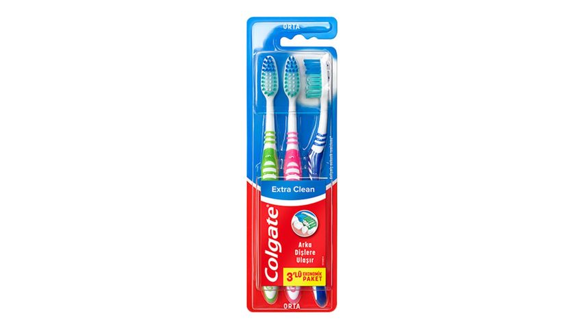 Colgate Extra Clean Medium Toothbrush with Tongue Cleaner that Extends to the Back Teeth 2+1