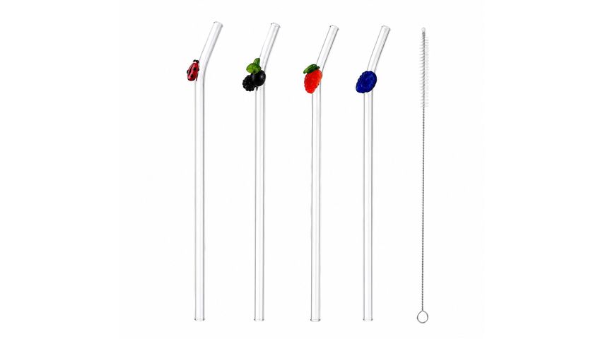 Finehome 4 Decorative Glass Straws + 1 Cleaning Brush
