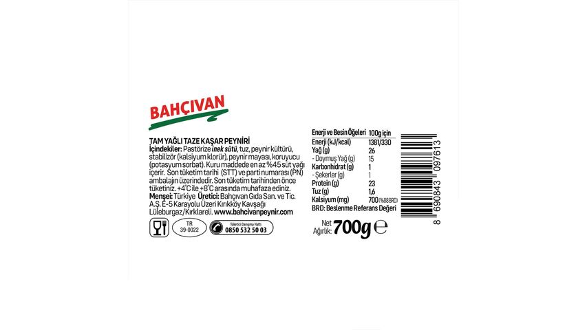 Bahçıvan Taze Kaşar Peyniri 700 g