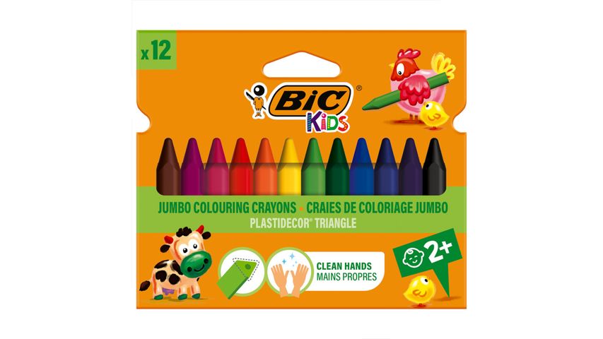 BIC Plastidecor Clean Hands Triangular Wax Crayons, 12 Colors