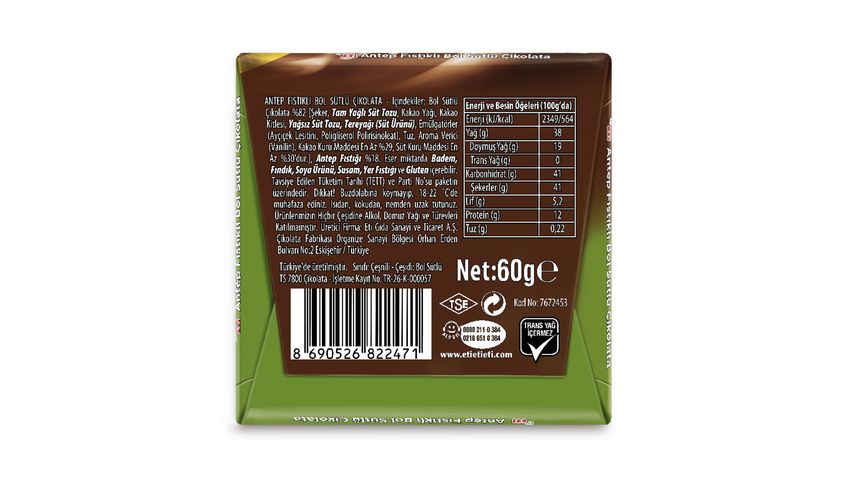 Eti Milk Chocolate with Pistachios 60 g