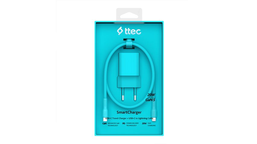 Ttec SmartCharger GaN 20W PD Travel Fast Charger, USB-C to Lightning 120 cm Cable, Blue