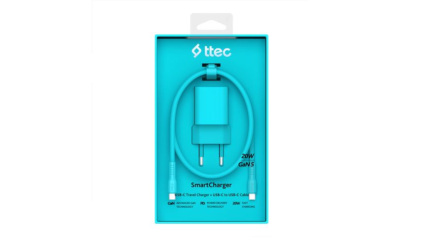 Ttec SmartCharger GaN 20W PD Travel Fast Charger, USB-C to USB-C 3A Cable, Blue