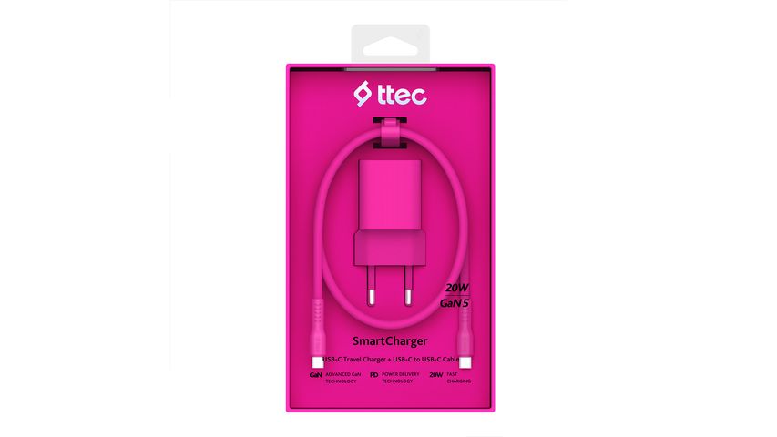 Ttec SmartCharger GaN 20W PD Travel Fast Charger, USB-C to USB-C 3A Cable, Pink