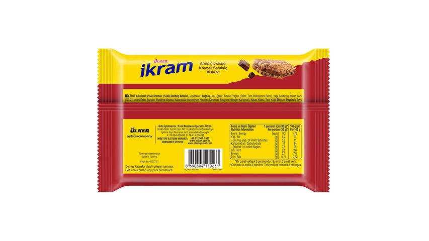 Ülker İkram Extra Milk Chocolate Cream Filled Biscuits 3 x 90 g