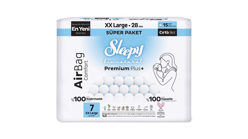 Sleepy XXL No. 7 Bio Natural Premium Airbag Fastening Baby Diapers – 28 Count