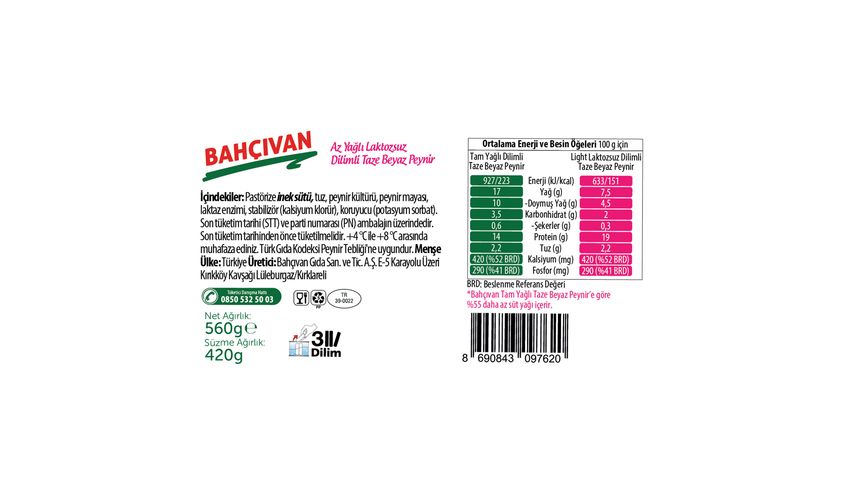 Bahçıvan Light Lactose-Free Sliced White Cheese 420 g